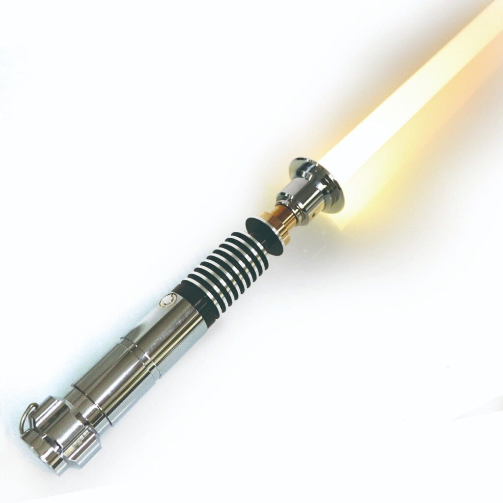 A machined replica lightsaber hilt built in the proportions of the original trilogy flash-based prop, shown with its ridged handgrip section and raised clamp band