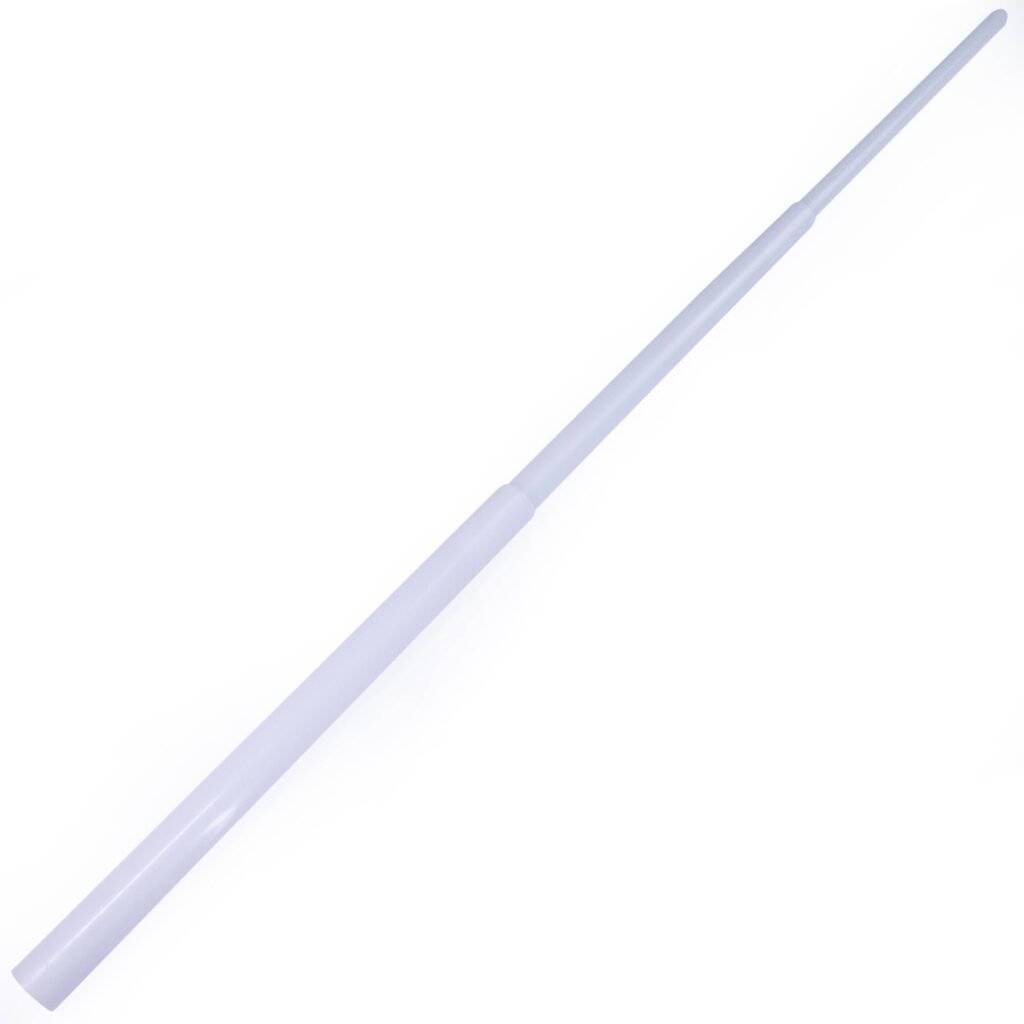 A telescoping lightsaber blade photographed unlit against a plain background, its thin sections nested into a single narrow tube